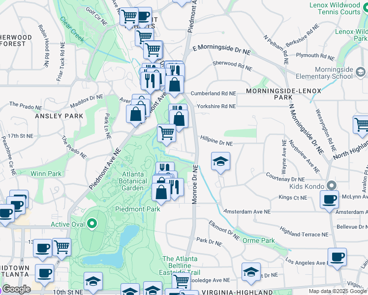 map of restaurants, bars, coffee shops, grocery stores, and more near 1374 Dutch Valley Place Northeast in Atlanta