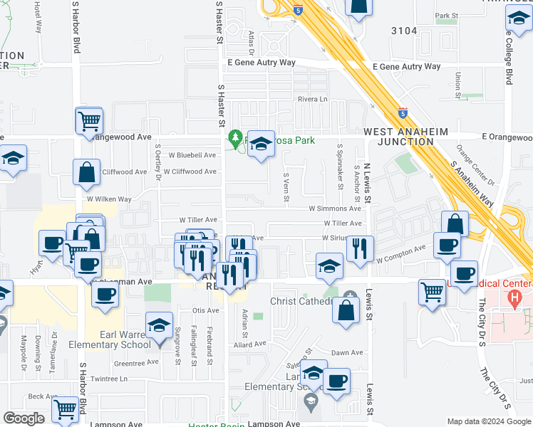 map of restaurants, bars, coffee shops, grocery stores, and more near 4628 West Simmons Avenue in Orange