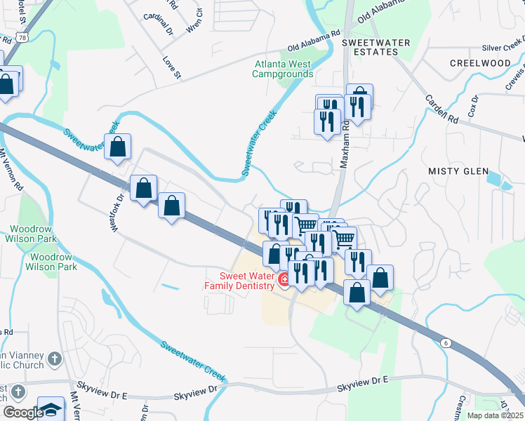 map of restaurants, bars, coffee shops, grocery stores, and more near 404 Westpark Place in Lithia Springs