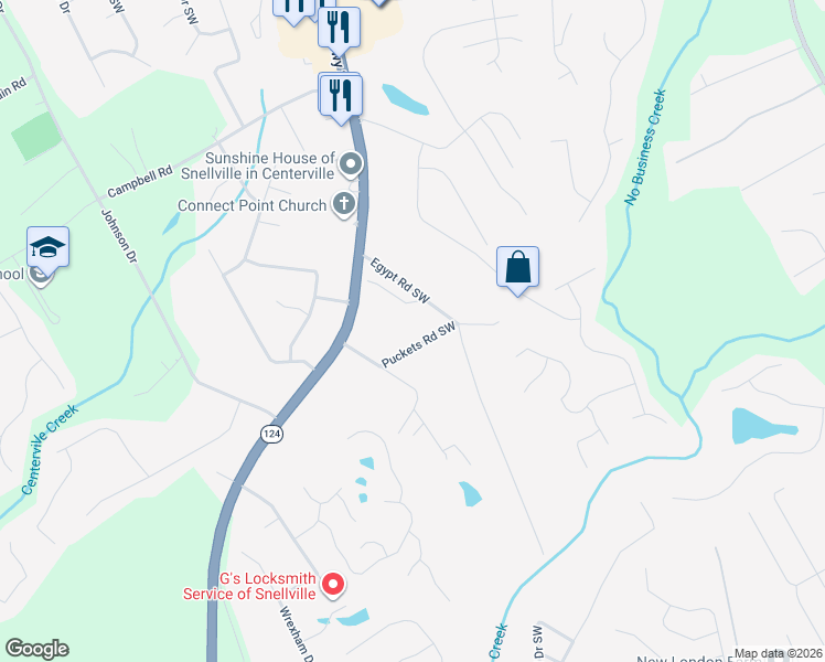 map of restaurants, bars, coffee shops, grocery stores, and more near 3955 Pucketts Road in Snellville