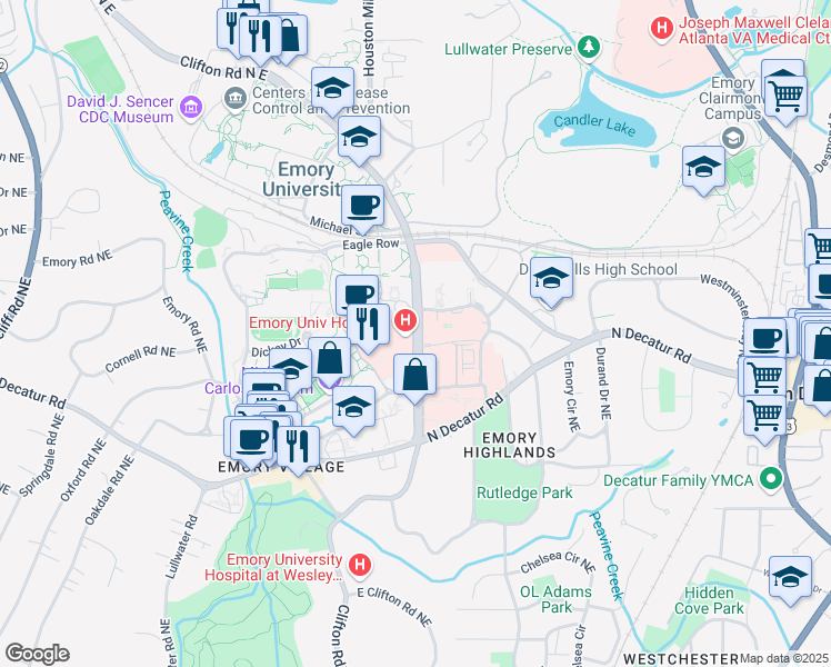map of restaurants, bars, coffee shops, grocery stores, and more near 1364 Clifton Road in Atlanta