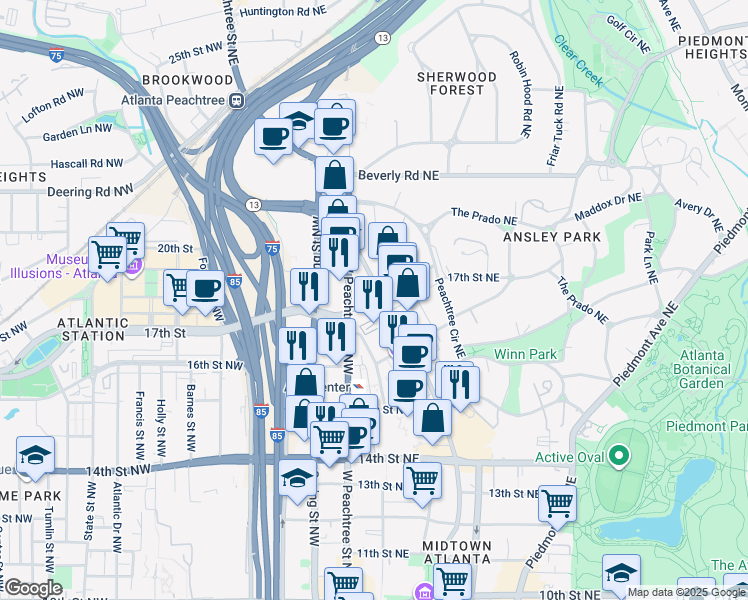 map of restaurants, bars, coffee shops, grocery stores, and more near 1382 Peachtree Street Northeast in Atlanta