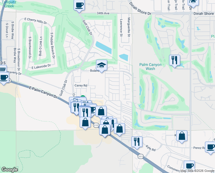 map of restaurants, bars, coffee shops, grocery stores, and more near 310 San Domingo Drive in Palm Springs