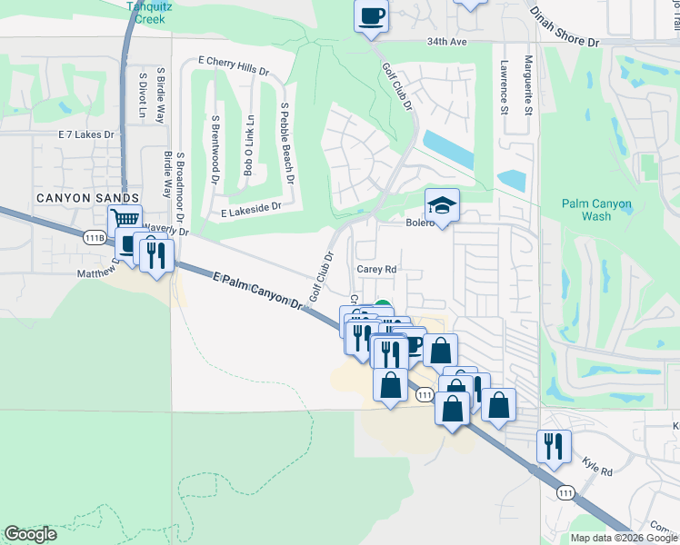 map of restaurants, bars, coffee shops, grocery stores, and more near 2700 Golf Club Drive in Palm Springs