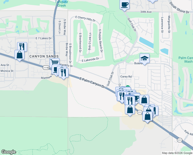 map of restaurants, bars, coffee shops, grocery stores, and more near 5301 East Waverly Drive in Palm Springs