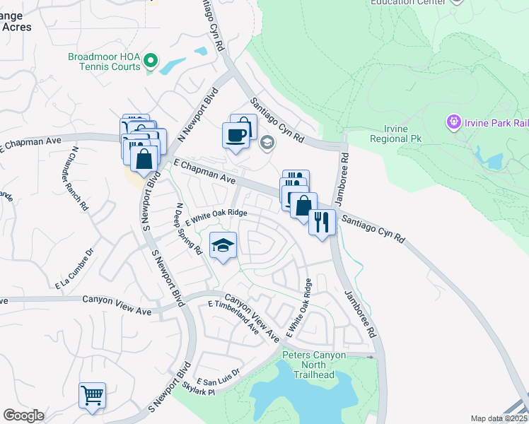 map of restaurants, bars, coffee shops, grocery stores, and more near 8215 East White Oak Ridge in Orange