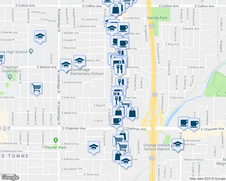 map of restaurants, bars, coffee shops, grocery stores, and more near 326 North Shattuck Place in Orange