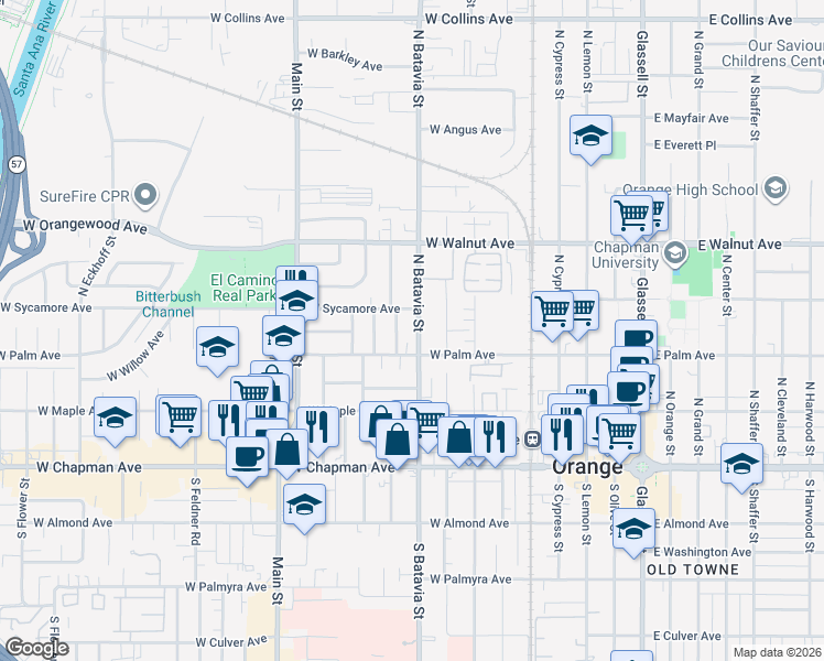 map of restaurants, bars, coffee shops, grocery stores, and more near 325 North Citrus Street in Orange