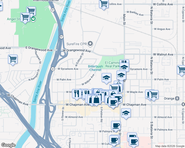 map of restaurants, bars, coffee shops, grocery stores, and more near 350 North Cedar Street in Orange