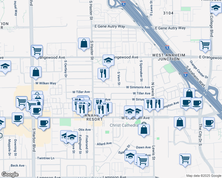 map of restaurants, bars, coffee shops, grocery stores, and more near 4537 West Tiller Avenue in Orange