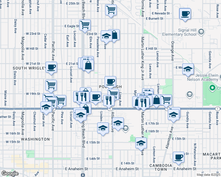 map of restaurants, bars, coffee shops, grocery stores, and more near 1909 Atlantic Avenue in Long Beach