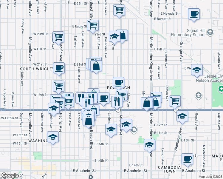map of restaurants, bars, coffee shops, grocery stores, and more near 525 East 19th Street in Long Beach