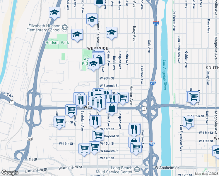map of restaurants, bars, coffee shops, grocery stores, and more near 1559 West 19th Street in Long Beach