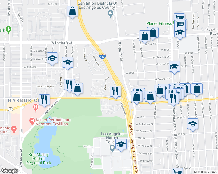 map of restaurants, bars, coffee shops, grocery stores, and more near 25381 Pine Creek Lane in Los Angeles