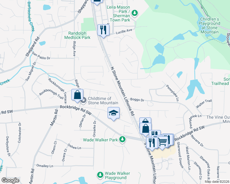 map of restaurants, bars, coffee shops, grocery stores, and more near 5432 Zachary Drive in Stone Mountain