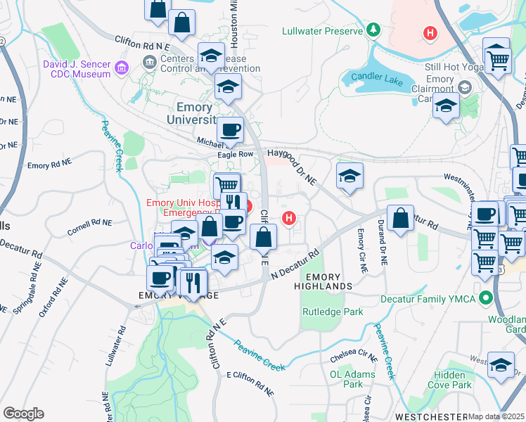map of restaurants, bars, coffee shops, grocery stores, and more near 1360 Clifton Road in Atlanta