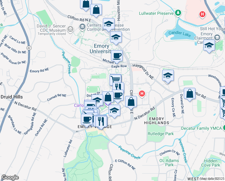 map of restaurants, bars, coffee shops, grocery stores, and more near 586 Asbury Circle in Atlanta