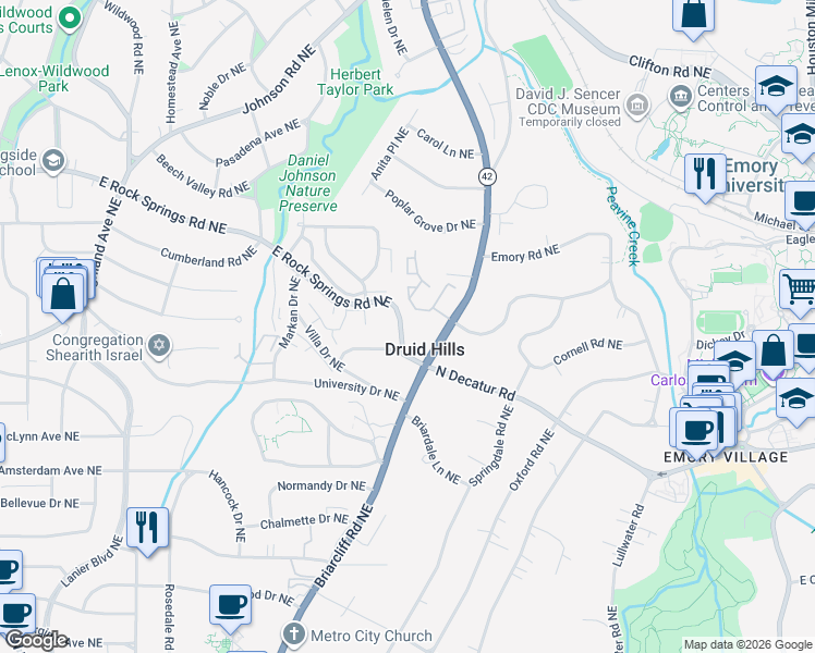 map of restaurants, bars, coffee shops, grocery stores, and more near 1494 East Rock Springs Road Northeast in Atlanta