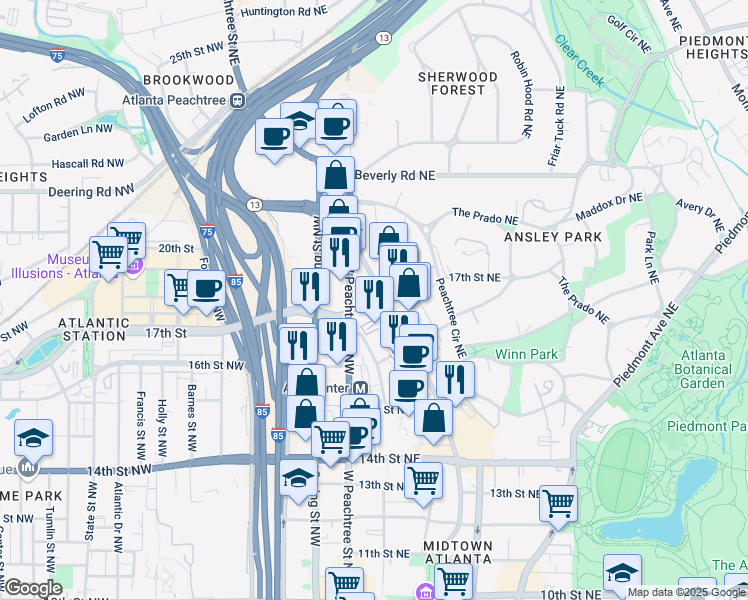 map of restaurants, bars, coffee shops, grocery stores, and more near in Atlanta