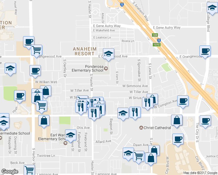map of restaurants, bars, coffee shops, grocery stores, and more near 4628 West Simmons Avenue in Orange
