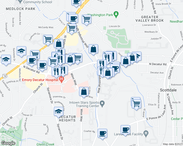 map of restaurants, bars, coffee shops, grocery stores, and more near 1407 Stratford Commons in Decatur