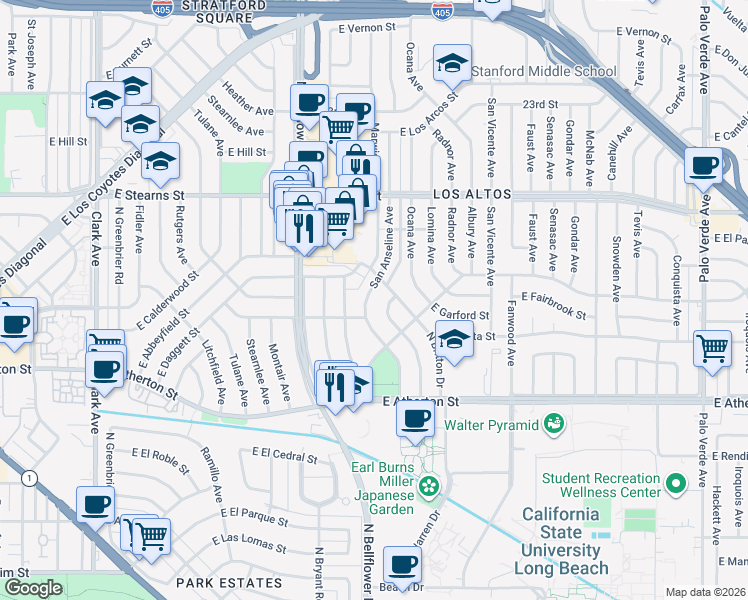 map of restaurants, bars, coffee shops, grocery stores, and more near 2024 San Anseline Avenue in Long Beach