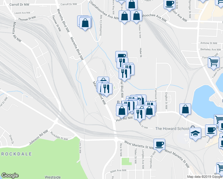 map of restaurants, bars, coffee shops, grocery stores, and more near 1271 Ponti Mews Northwest in Atlanta