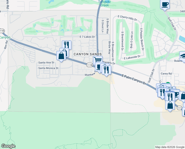 map of restaurants, bars, coffee shops, grocery stores, and more near 4183 Matthew Drive in Palm Springs