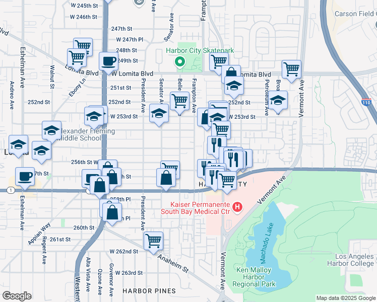 map of restaurants, bars, coffee shops, grocery stores, and more near 25518 Belle Porte Avenue in Los Angeles