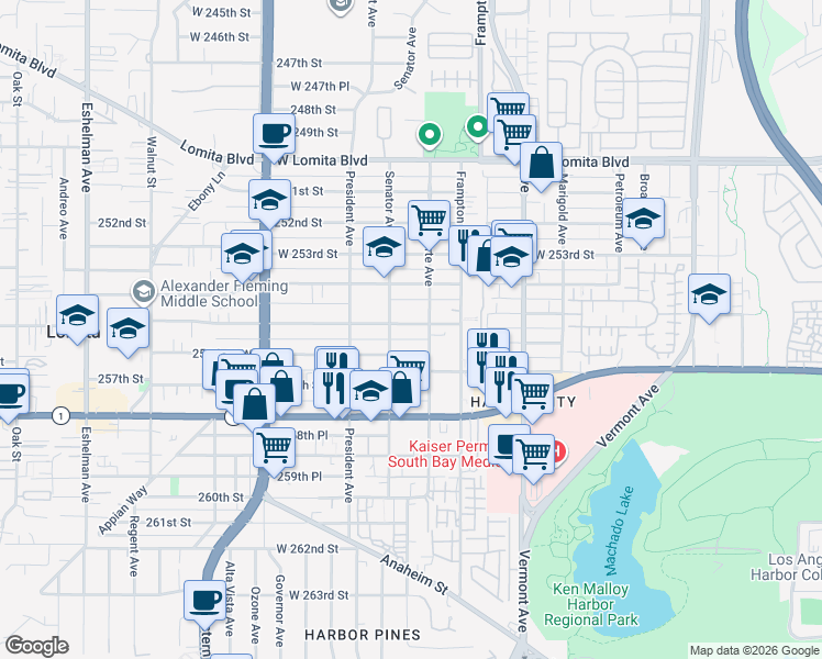 map of restaurants, bars, coffee shops, grocery stores, and more near 1416 255th Street West in Los Angeles