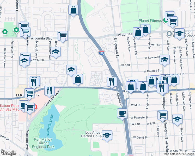 map of restaurants, bars, coffee shops, grocery stores, and more near 1625 West Pacific Coast Highway in Los Angeles