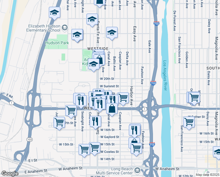 map of restaurants, bars, coffee shops, grocery stores, and more near 1559 West 19th Street in Long Beach