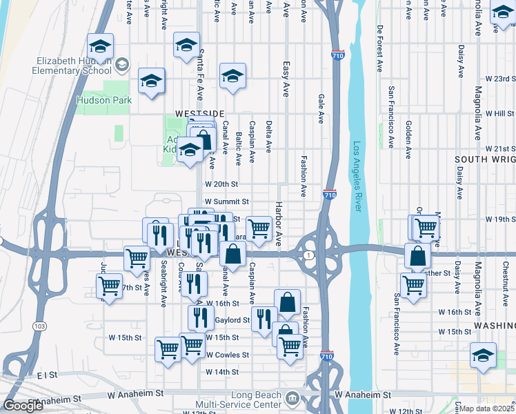 map of restaurants, bars, coffee shops, grocery stores, and more near 1458 West Summit Street in Long Beach