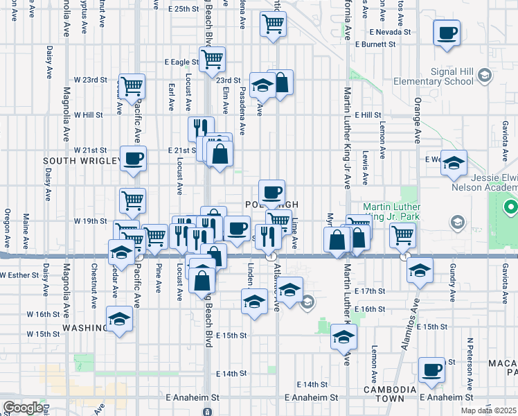 map of restaurants, bars, coffee shops, grocery stores, and more near 525 East 19th Street in Long Beach