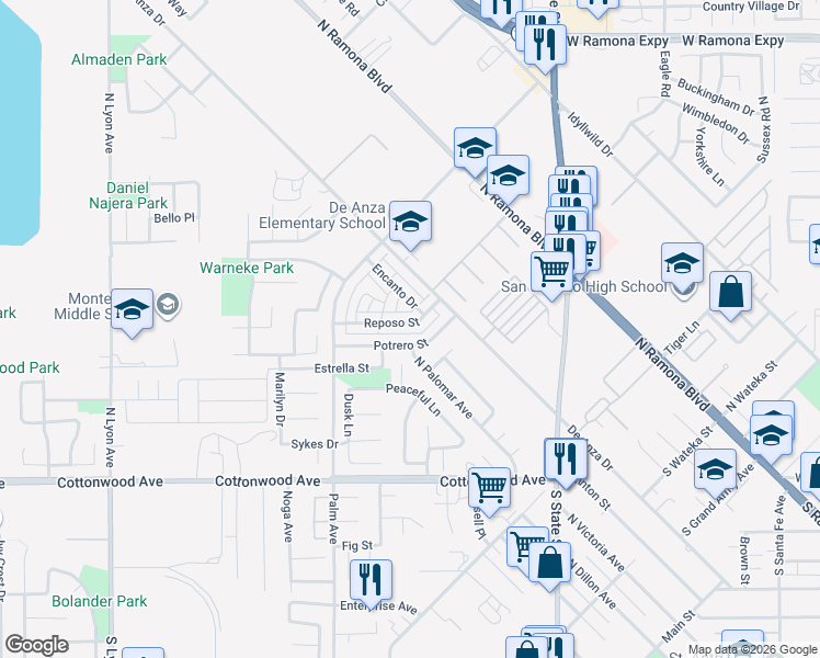 map of restaurants, bars, coffee shops, grocery stores, and more near 405 Potrero Street in San Jacinto