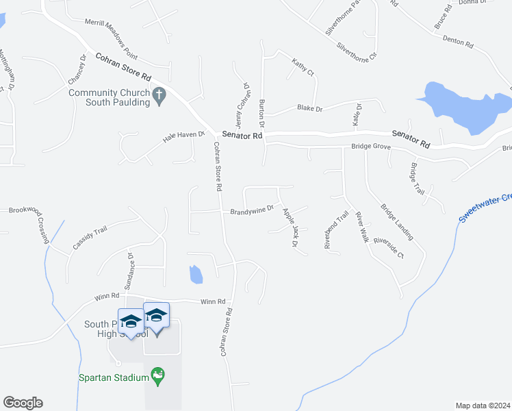 map of restaurants, bars, coffee shops, grocery stores, and more near 125 Brandywine Drive in Douglasville