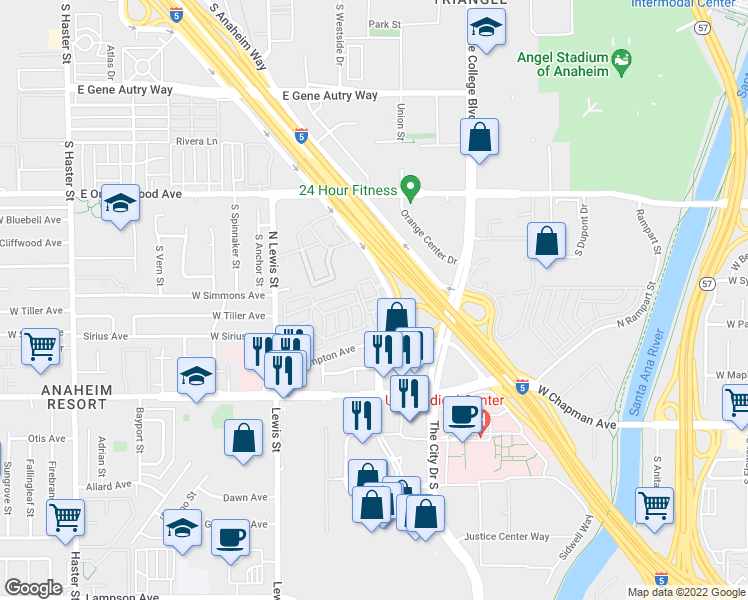 map of restaurants, bars, coffee shops, grocery stores, and more near 919 East Twill Court in Anaheim