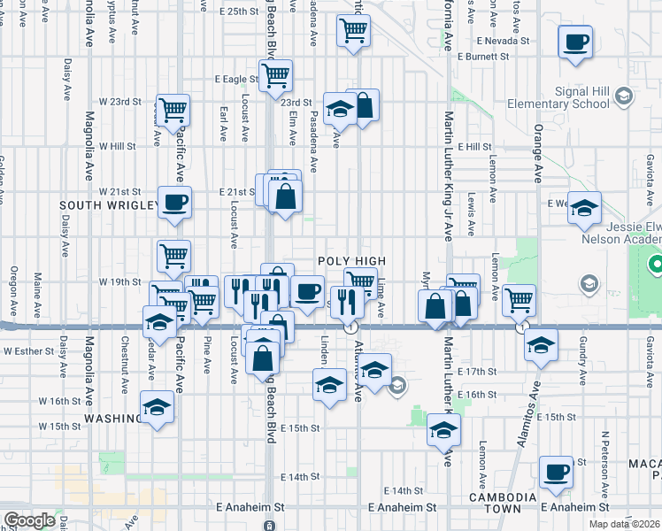 map of restaurants, bars, coffee shops, grocery stores, and more near 525 East 19th Street in Long Beach