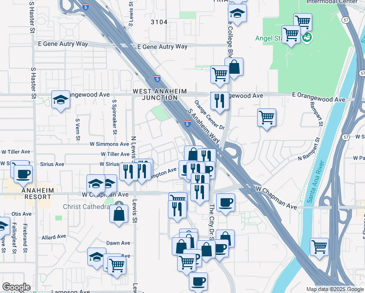 map of restaurants, bars, coffee shops, grocery stores, and more near 2434s Tapestry Way in Anaheim