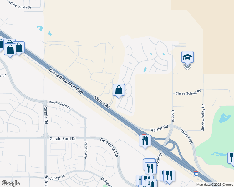 map of restaurants, bars, coffee shops, grocery stores, and more near 35249 Bandana Road in Thousand Palms
