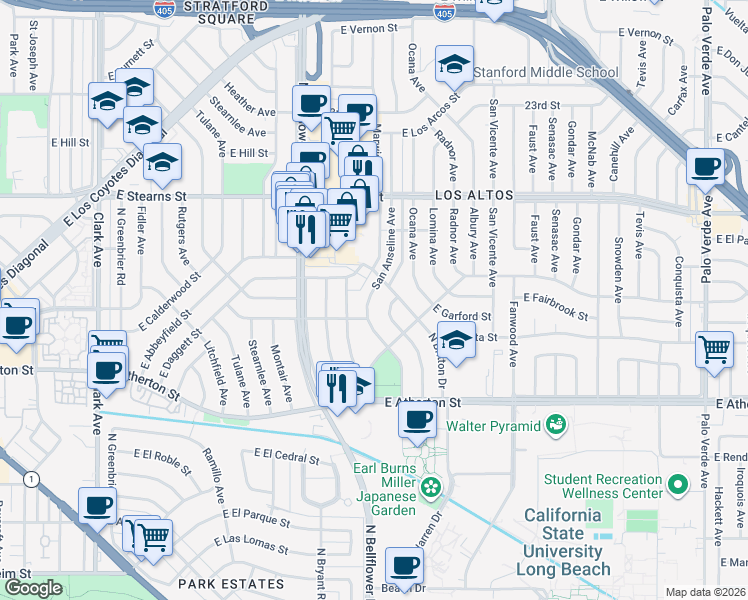 map of restaurants, bars, coffee shops, grocery stores, and more near 2024 San Anseline Avenue in Long Beach
