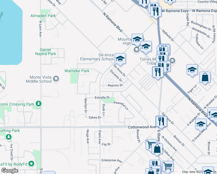 map of restaurants, bars, coffee shops, grocery stores, and more near 524 Reposo Street in San Jacinto