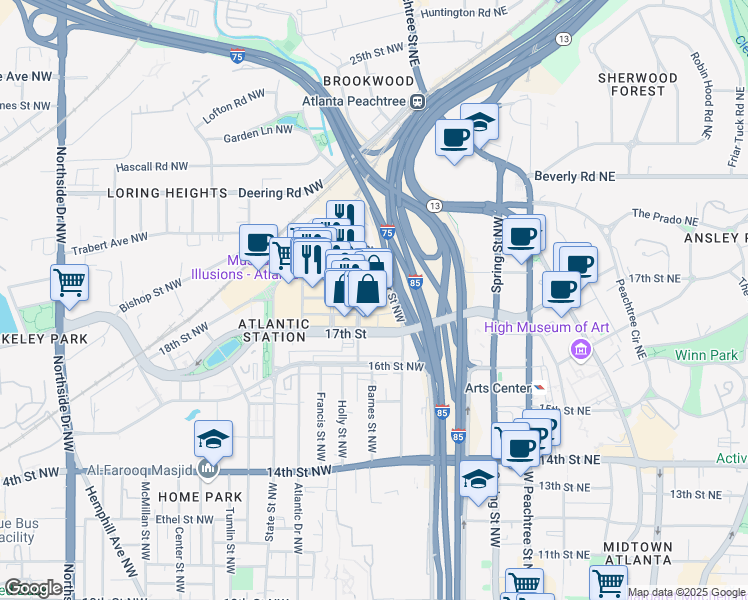 map of restaurants, bars, coffee shops, grocery stores, and more near 1381 Market Street Northwest in Atlanta