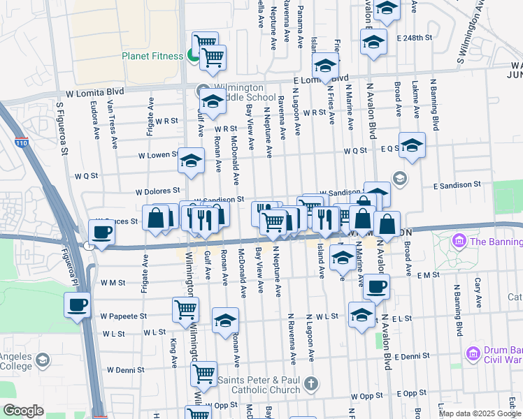 map of restaurants, bars, coffee shops, grocery stores, and more near 1452 Bay View Avenue in Los Angeles