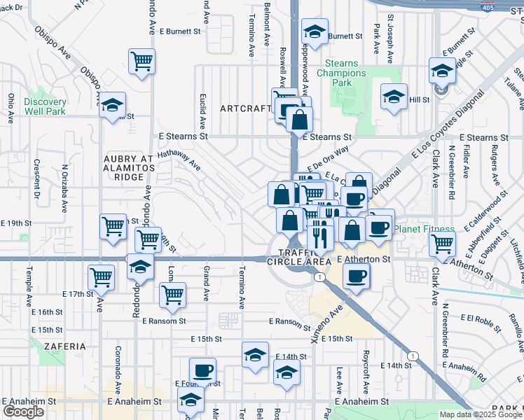 map of restaurants, bars, coffee shops, grocery stores, and more near 4136 East Jacinto Way in Long Beach