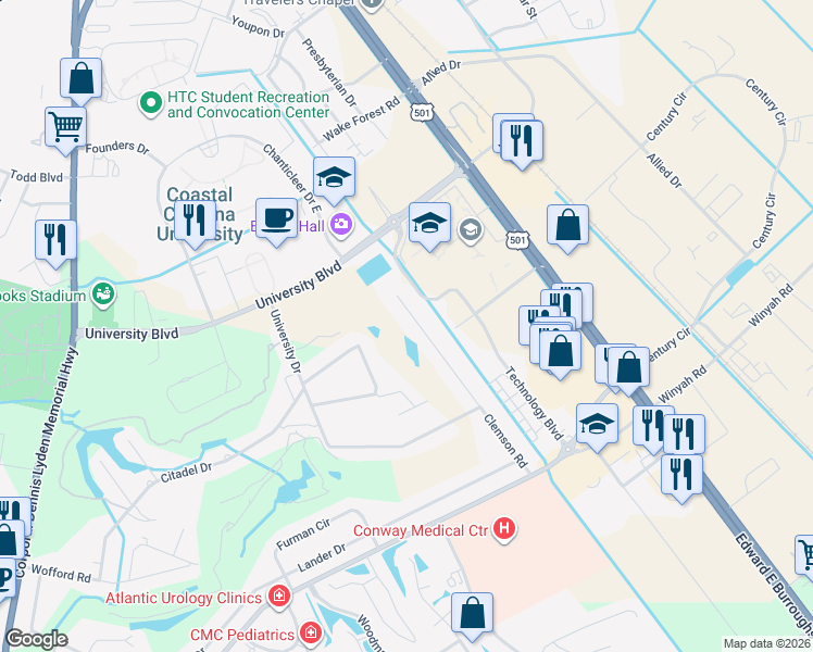 map of restaurants, bars, coffee shops, grocery stores, and more near 123 Clemson Road in Conway