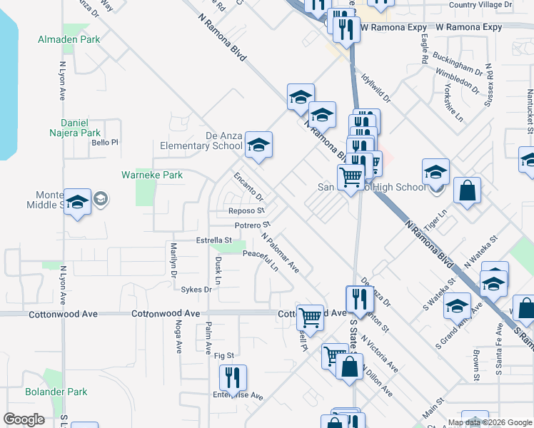 map of restaurants, bars, coffee shops, grocery stores, and more near 405 Potrero Street in San Jacinto