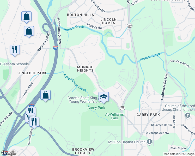 map of restaurants, bars, coffee shops, grocery stores, and more near 1333 Northwest Drive Northwest in Atlanta