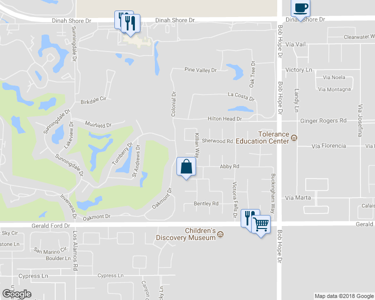 map of restaurants, bars, coffee shops, grocery stores, and more near 6 Macbeth Court in Rancho Mirage
