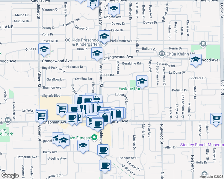 map of restaurants, bars, coffee shops, grocery stores, and more near 10081 Edgewood Lane in Garden Grove